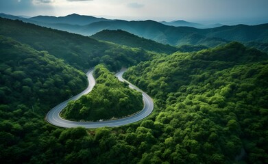 Aerial view of a road in the middle of the green forest , road curve up to mountain.  - Powered by Adobe