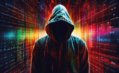 Hooded hacker digital glitch matrix over matrix colorful background.