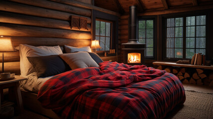 A cozy cabin bedroom with log walls, a wood-burning stove, and plaid flannel bedding