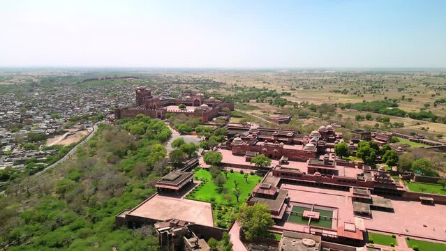 Fatehpur Sikri, India: Aerial view of Fatehpur Sikri Fort in historic town in Uttar Pradesh - landscape panorama of South Asia from above