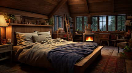 A cozy cabin bedroom with a log bed frame, plaid bedding, and a wood-burning stove