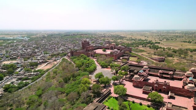 Fatehpur Sikri, India: Aerial view of Fatehpur Sikri Fort in historic town in Uttar Pradesh - landscape panorama of South Asia from above