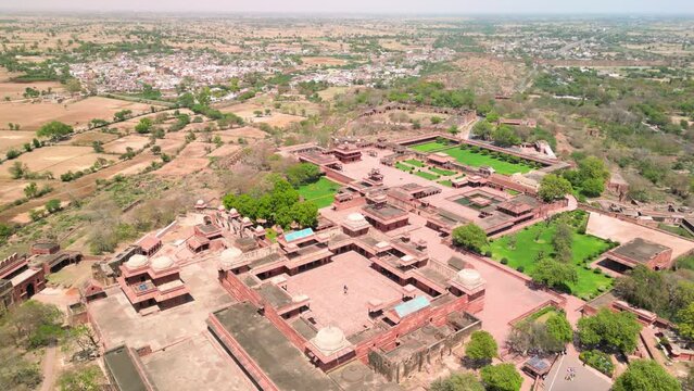 Fatehpur Sikri, India: Aerial view of Fatehpur Sikri Fort in historic town in Uttar Pradesh - landscape panorama of South Asia from above