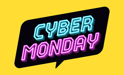 Neon banner of Cyber Monday Sale. Outline neon italic text Cyber Monday with inclined bubble frame. Blue purple text tag template for social media banners and digital ad. Vector illustration