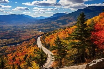 Autumn leaves at scenic hancock overlook on kancamagus highway in New Hampshire. Generative AI - obrazy, fototapety, plakaty