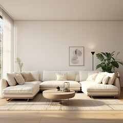 Front view on a living room with white lounge sofa - 655159919