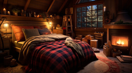 A cozy cabin bedroom with log walls, a wood-burning stove, and plaid flannel bedding