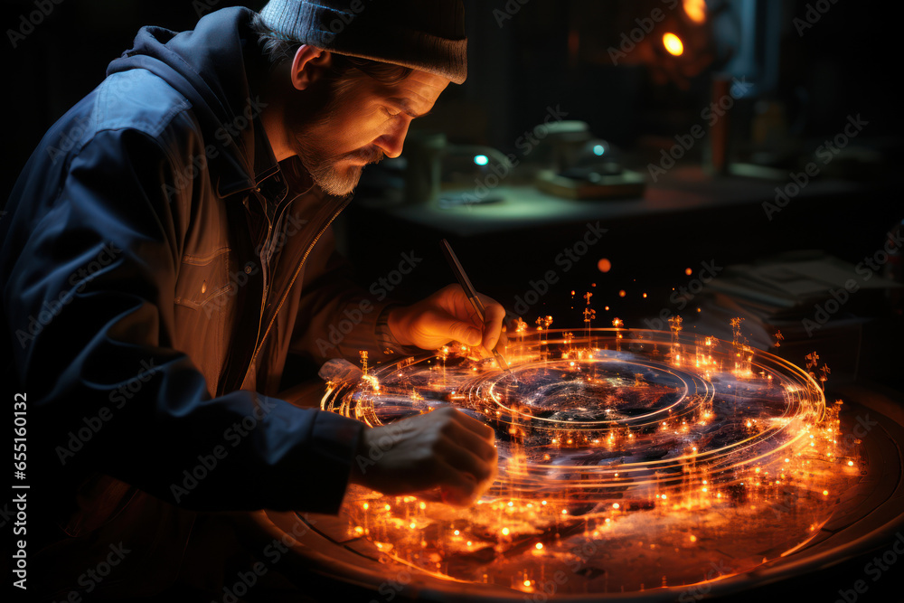 Aufkleber a quantum physicist conducting a double-slit experiment, exploring the wave-particle duality of quan
