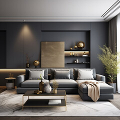 Front view on a living room with grey lounge sofa - 655160119