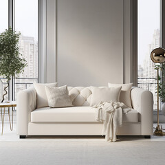 Front view on a classic white sofa in elegant livingroom