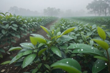 Obraz premium Morning in the green tea plantation field foggy water drops on the plant