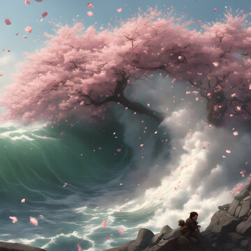 Cherry Blossoms and Waves: A Symbolic Illustration of Spring and Life