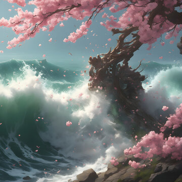 Cherry Blossoms and Waves: A Symbolic Illustration of Spring and Life
