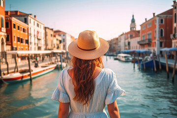 Fototapeta na wymiar Back view of a girl wearing hat travelling in Venice, Italy. Generative AI
