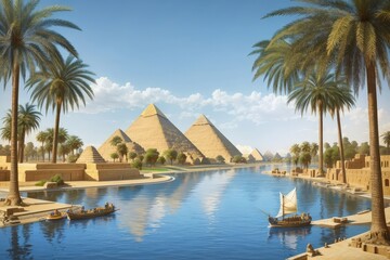 ancient civilized Egypt with the pyramid of Giza and nile flowing Nile riverfront around it