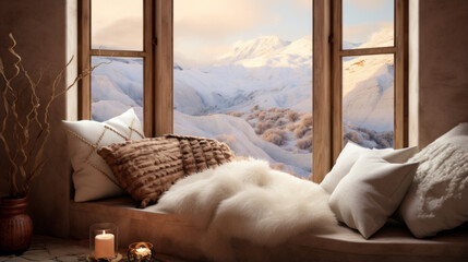 A cozy nook with a window seat, throw pillows, and a view of the mountains