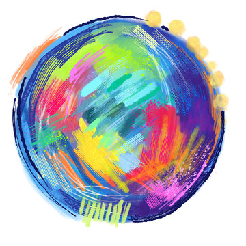 Neon painted circle on transparent background in abstract 80s retro style, hand drawn