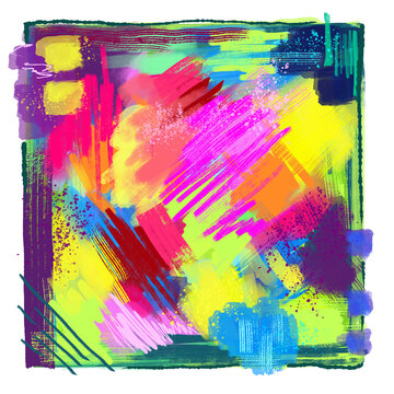 Neon painted square on transparent background in abstract 80s retro style, hand drawn