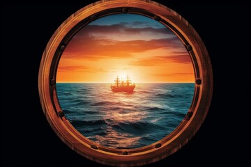 Illustration of a ship's porthole or window overlooking the sea and horizon. Generative AI