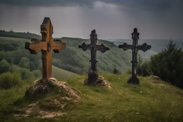 Foto op Plexiglas Three crucifixes on the hill. Generative AI © Larry