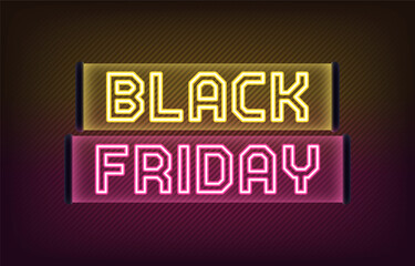 Neon Black Friday banner design. Outline yellow pink neon text Black Friday on translucent signboard. Text title template for animation, digital ad and social media banners. Vector illustration