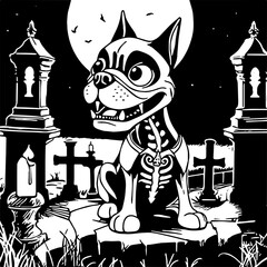 Vector illustration of a skeleton french bulldog sitting in a cemetery under a full moon.  The bulldog wears a cape and is a vampire.  Bats fly in the background.