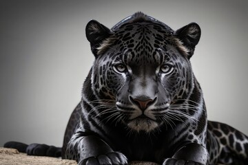 close portrait of a black leopard isolated on a white background