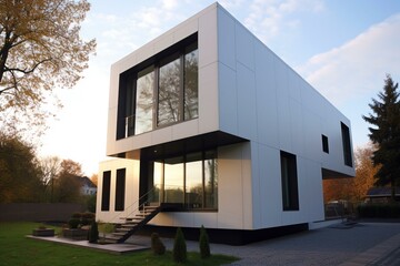 Contemporary cube-shaped house under daylight. Generative AI