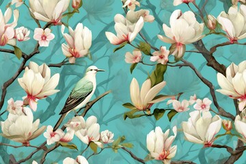 Pattern with magnolia tree and birds on a turquoise background. Generative AI