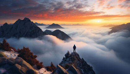 Tourist man hiker standing on top of the mountains, Above the clouds, believe how beautiful this is