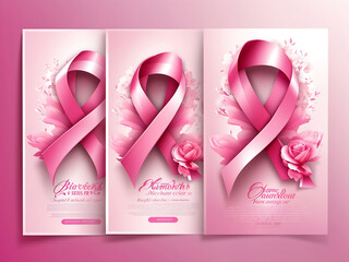 Set of posters with for breast cancer awareness month in October. Realistic pink ribbon symbol. Vector illustration