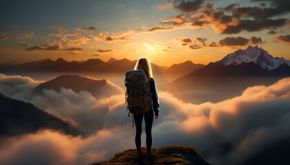 Tourist woman hiker standing on top of the mountains, Above the clouds, believe how beautiful this is