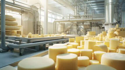 A dairy processing plant's cheese production line, shaping and aging delicious cheeses