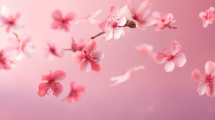 Fresh pink flowers falling in the air on pink background, levitation, spring flowers conception - generative AI