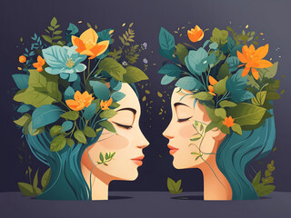 set vector illustration of head with plant blooming inside world mental health day