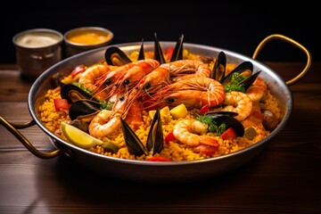 A close-up of traditional Spanish paella with rice and seafood in a circular pan. Generative AI