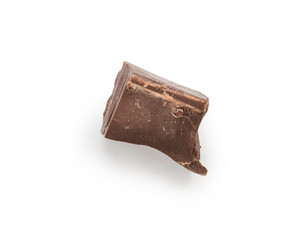 Single piece of fine dark chocolate isolated on white top view