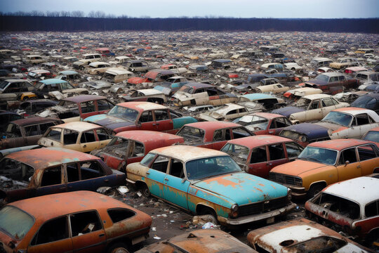 Abandoned Car Dump. Wasteland of Wheels. Exploring the Car Dump Landscape. Generative AI