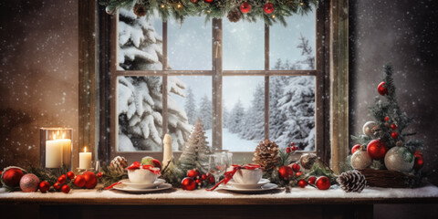 Table with candles, christmas decorations and winter window in background