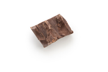 Single piece of fine dark chocolate isolated on white top view