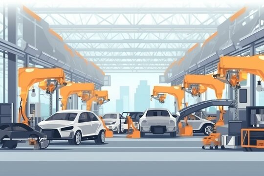 Advanced automotive assembly plant with conveyor belts, robotic arm, welding, and modern vehicle production. Generative AI