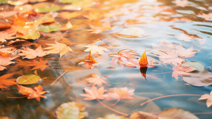 水面に浮かぶ紅葉した落ち葉