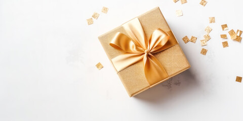 White background with golden gift box for special event. Valentines day, Christmas, Birthday concept.