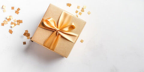 Obraz na płótnie Canvas White background with golden gift box for special event. Valentines day, Christmas, Birthday concept.