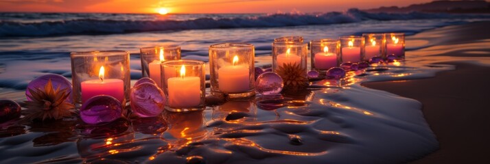 Generative AI image of a melting candles in beach side with sunset in sands