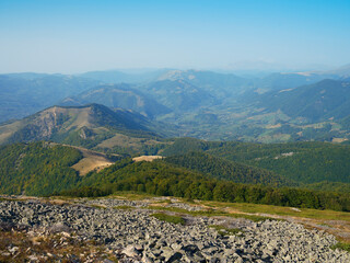 Fototapeta na wymiar Arjana peak (1511m) late summer landscape in Cernei Mountains, Carpathians, Romania, Europe