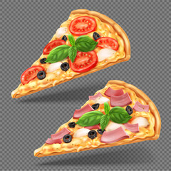 Different pizza slices isolated on a transparent background