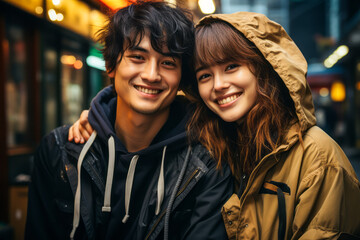 Engaging image of a sociable, young Asian couple outdoors in the rain. - obrazy, fototapety, plakaty