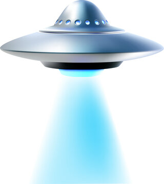 Vector illustration of silver color flying saucer with blue glowing light on white background. 3d style design of ufo with lighting