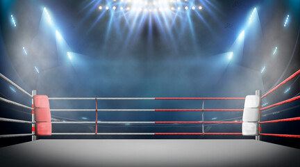 boxing ring with illumination by spotlights.  - obrazy, fototapety, plakaty